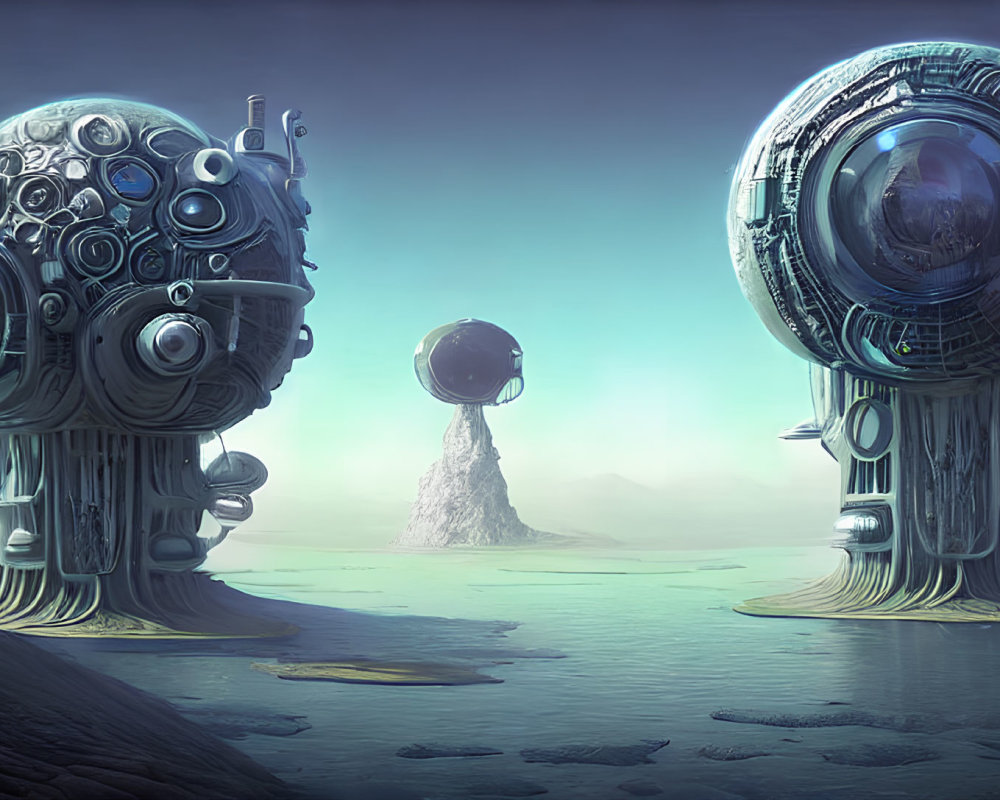 Intricate futuristic spherical structures on barren landscape