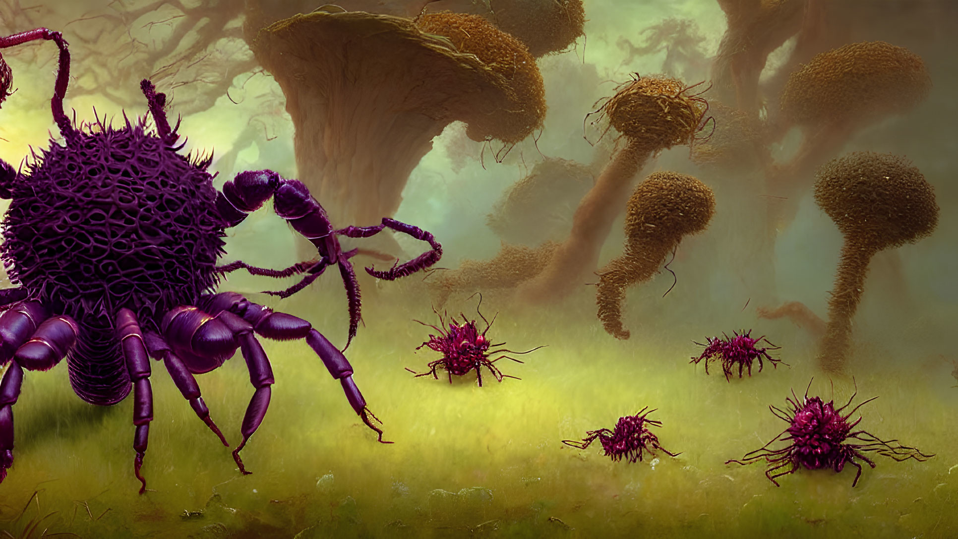 Fantastical forest with oversized purple spider-like creatures under mushroom-like trees