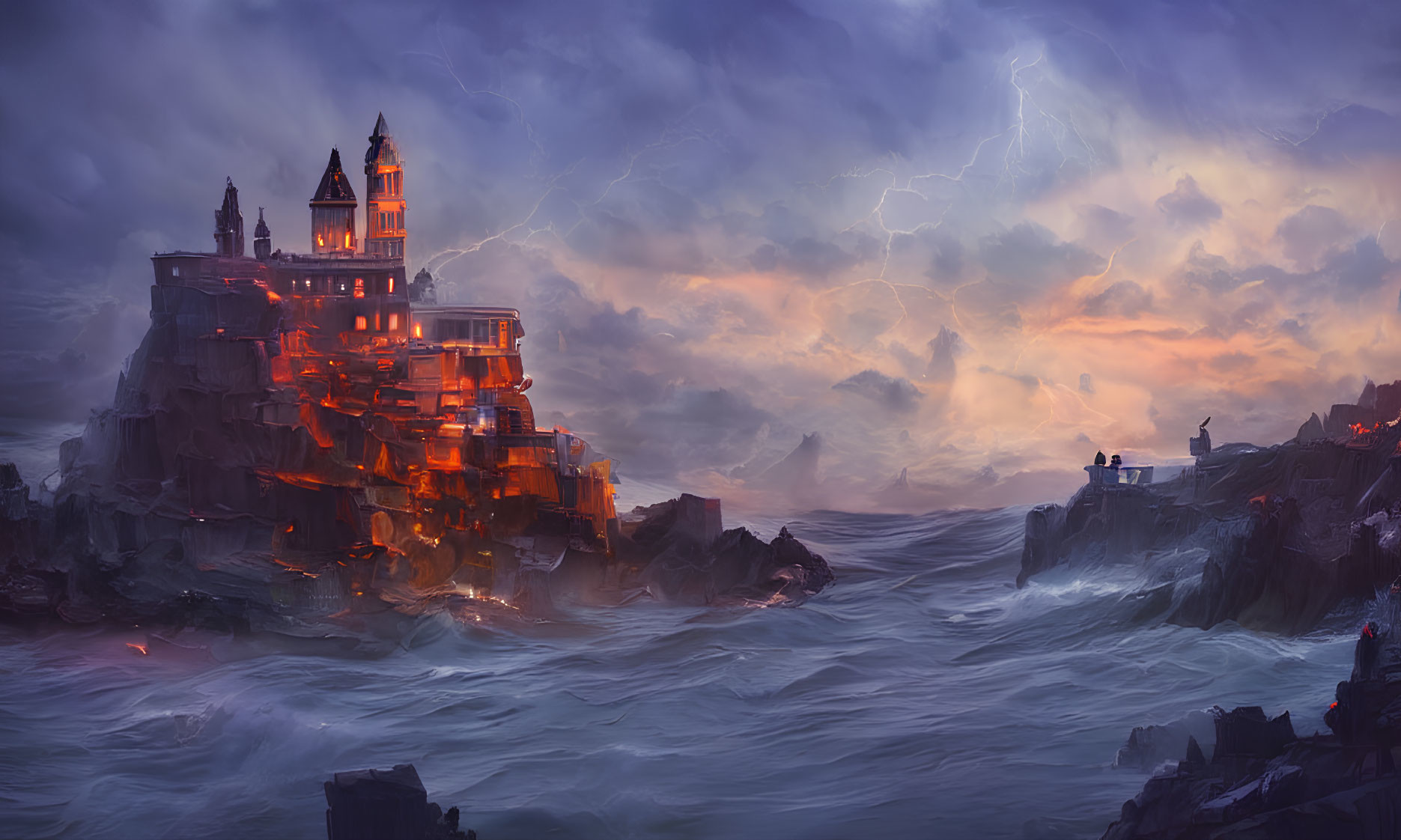 Gothic castle on rugged cliffs in stormy sea with eerie glowing windows