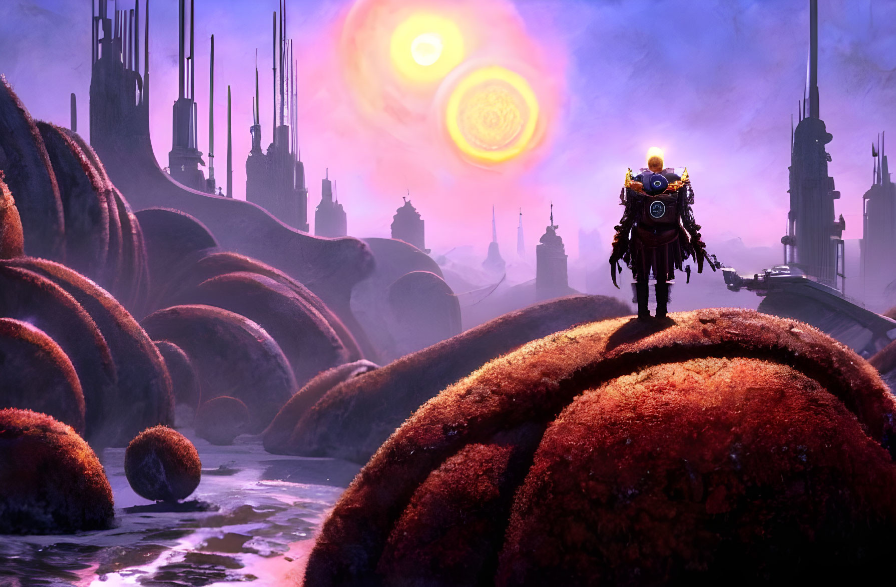 Astronaut on rugged terrain with futuristic cityscape under double-ringed sun