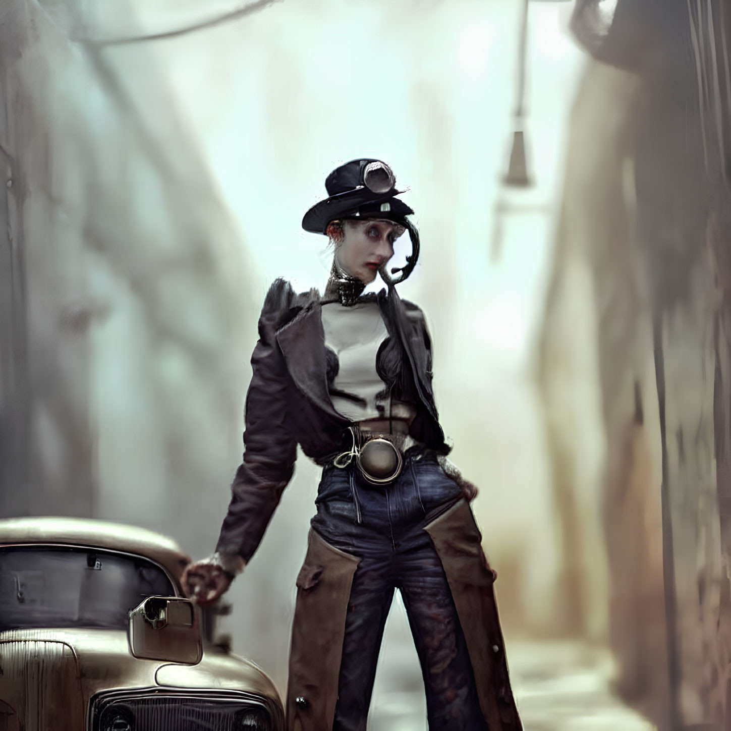 Steampunk woman in top hat and goggles next to vintage car in foggy alley