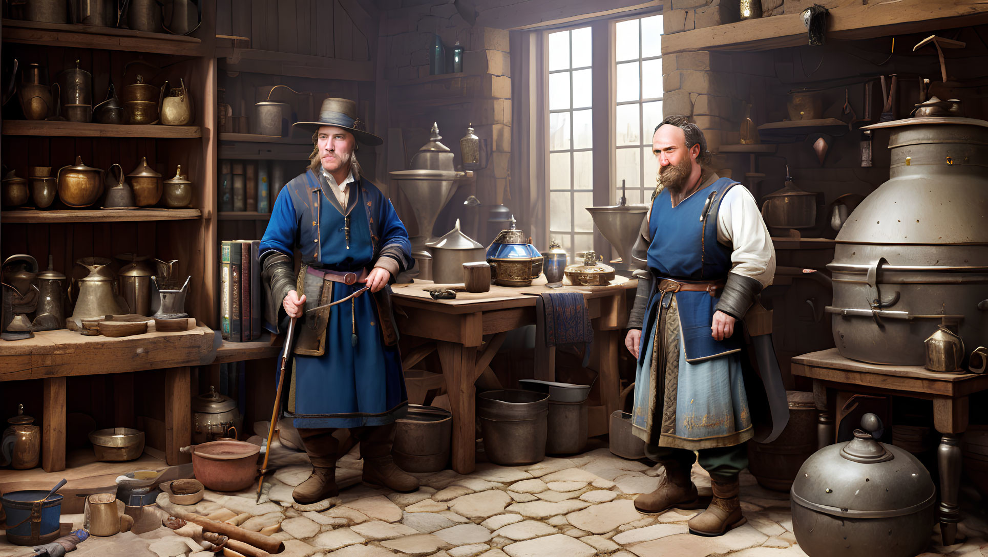 Historical Attire Men in Metal Workshop with Handcrafted Pots