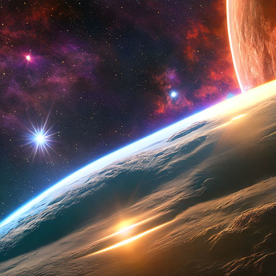 Colorful space scene: planet horizon, fiery atmosphere, stars, nebula under cosmic sky