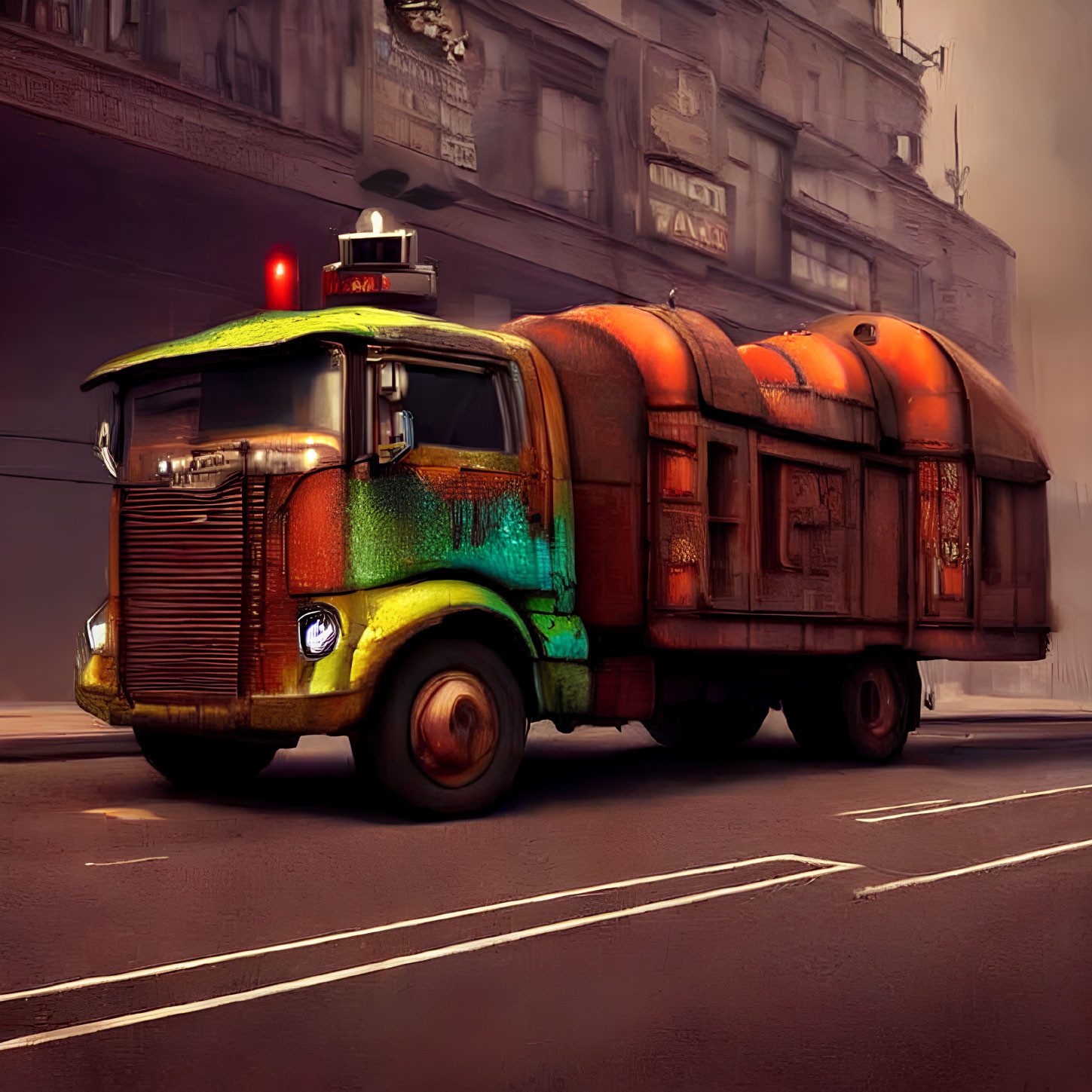 Weathered garbage truck with colorful graffiti on misty street.