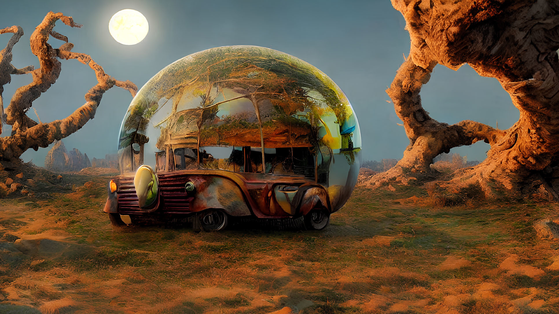 Transparent dome retro-futuristic vehicle travels through barren orange landscape