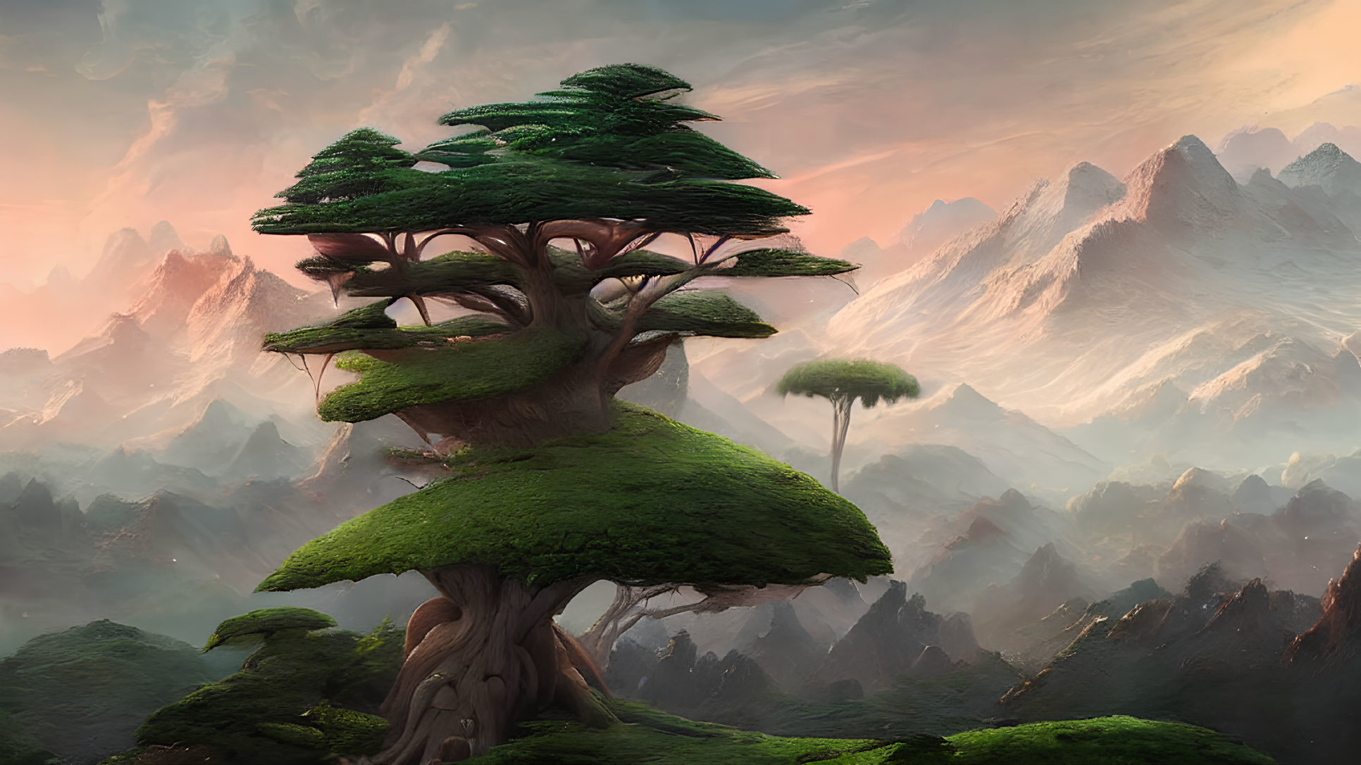 Majestic tree in mystical mountain landscape at dusk