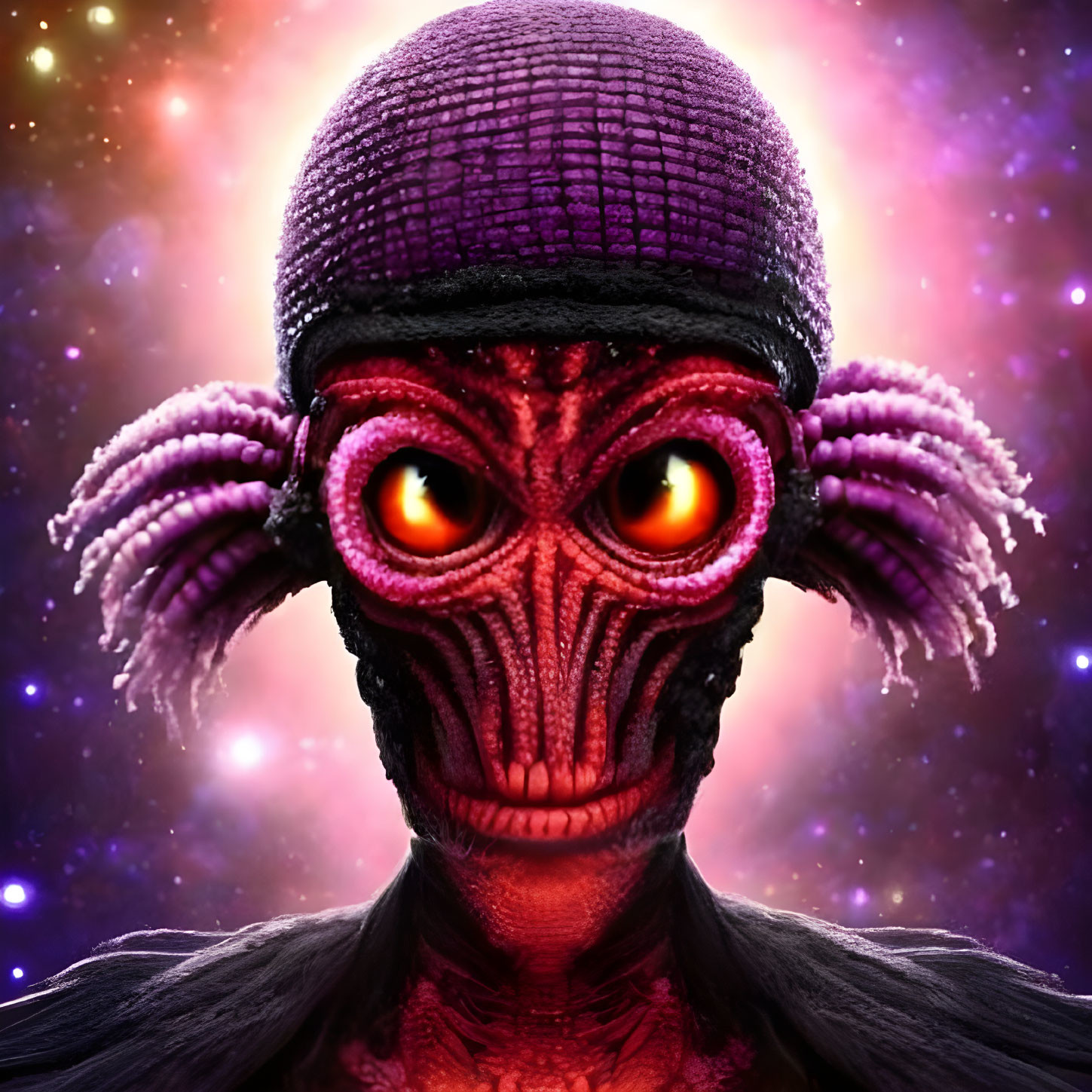 Red-skinned alien with glowing eyes and tentacles in purple hat on cosmic background