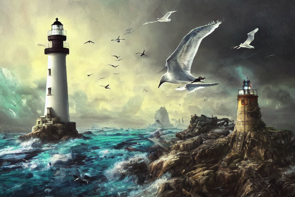 Prominent lighthouse in dynamic seascape with turbulent waves