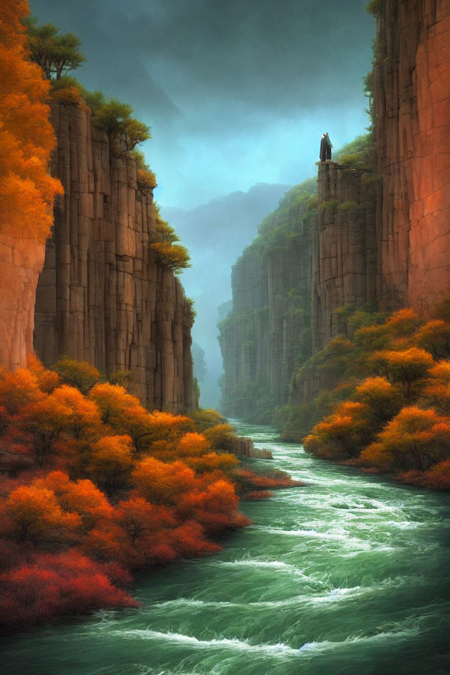 Autumnal canyon with serene river and lone figure overlooking landscape