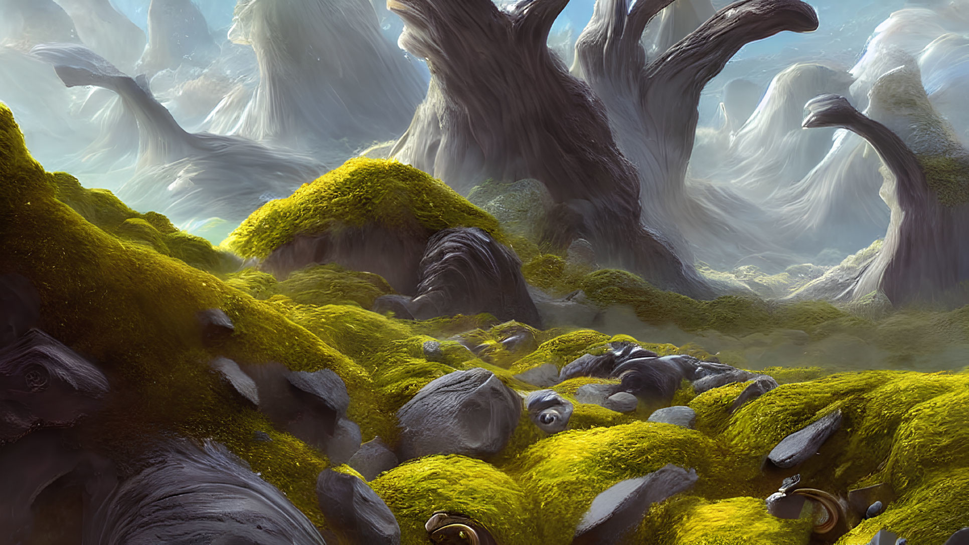 Moss-Covered Hills and Twisting Trees in a Mystical Fantasy Landscape