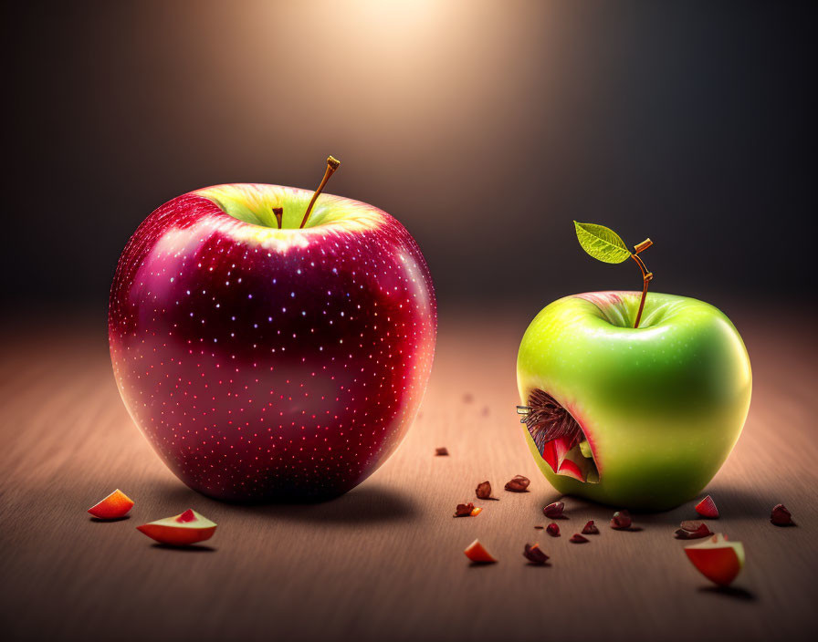 Red and Green Apples with Cosmic Pattern on Wooden Surface