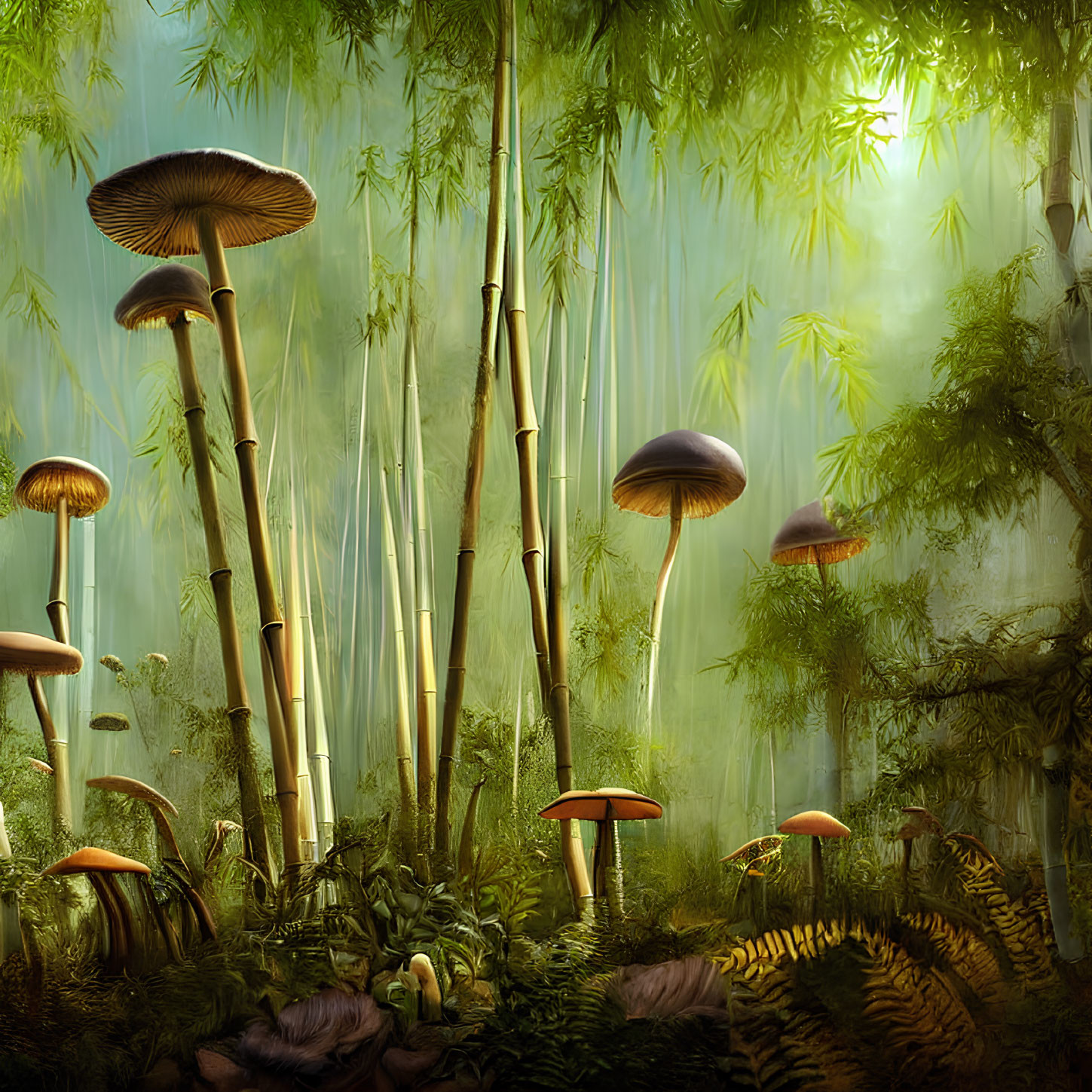 Enchanted forest with oversized mushrooms and towering bamboo