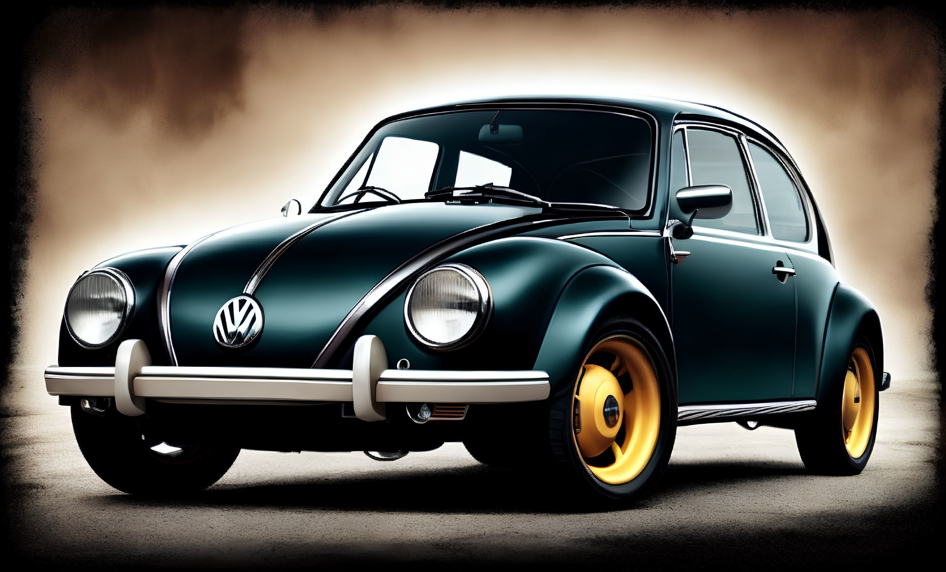 Classic Black Volkswagen Beetle with Round Headlights and Yellow-Rimmed Wheels on Sepia Background