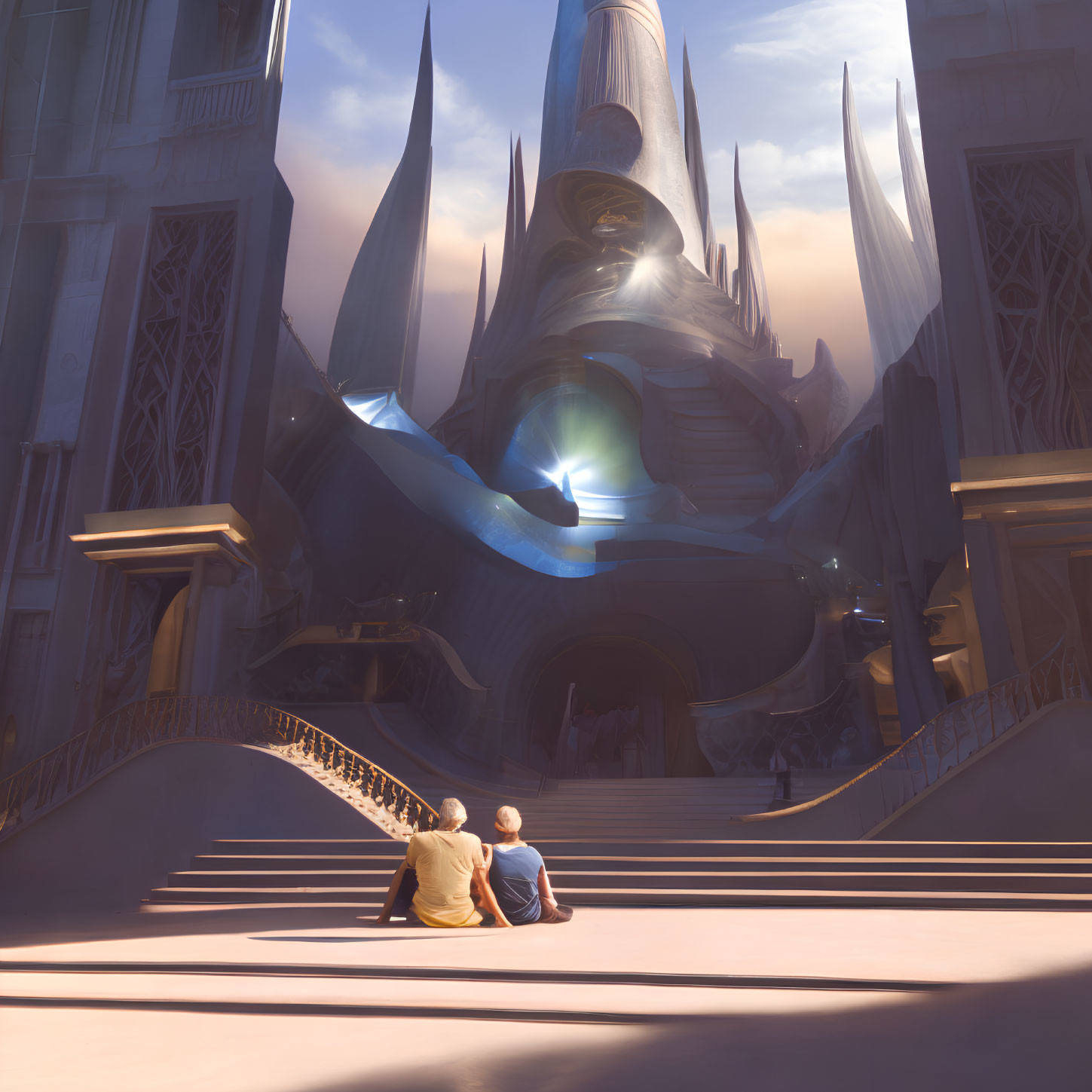 Two people sitting, looking at futuristic castle with spires