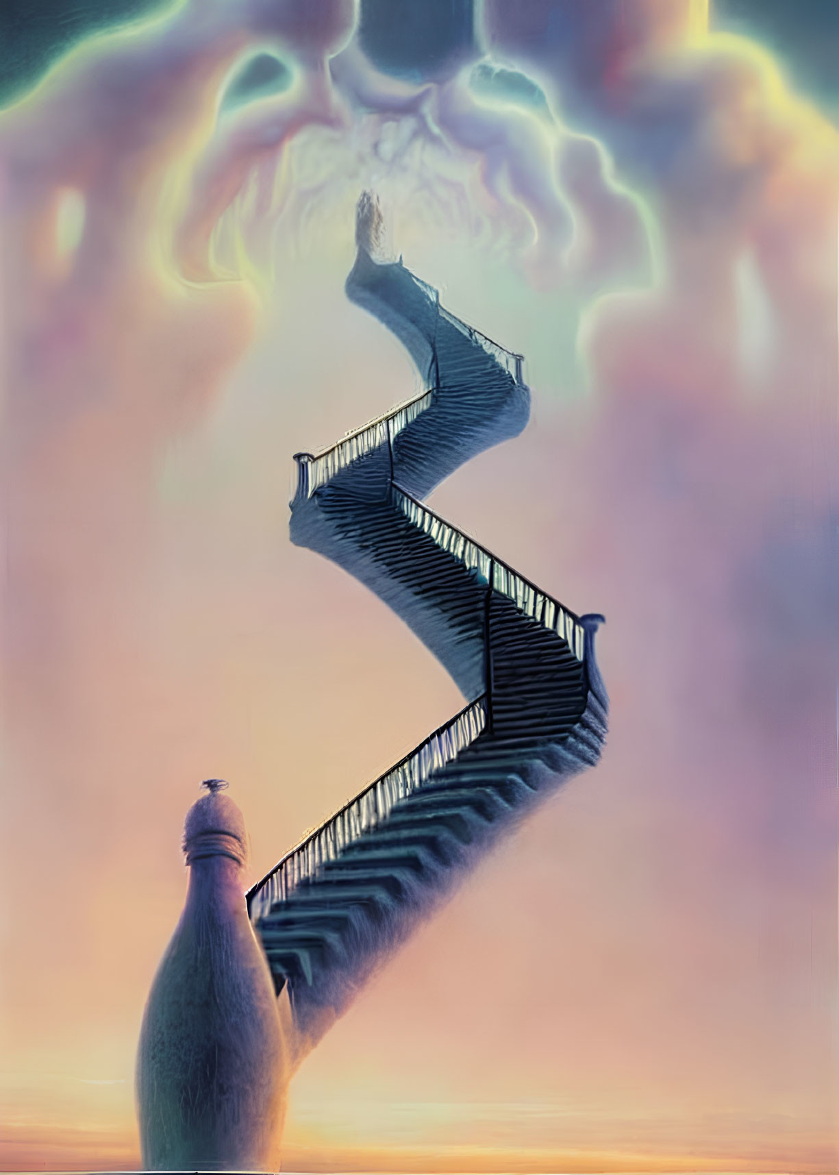 Surreal image of spiraling staircase and ghostly figure in pastel sky