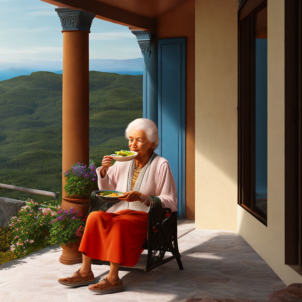 Elderly woman dining on balcony with mountain view