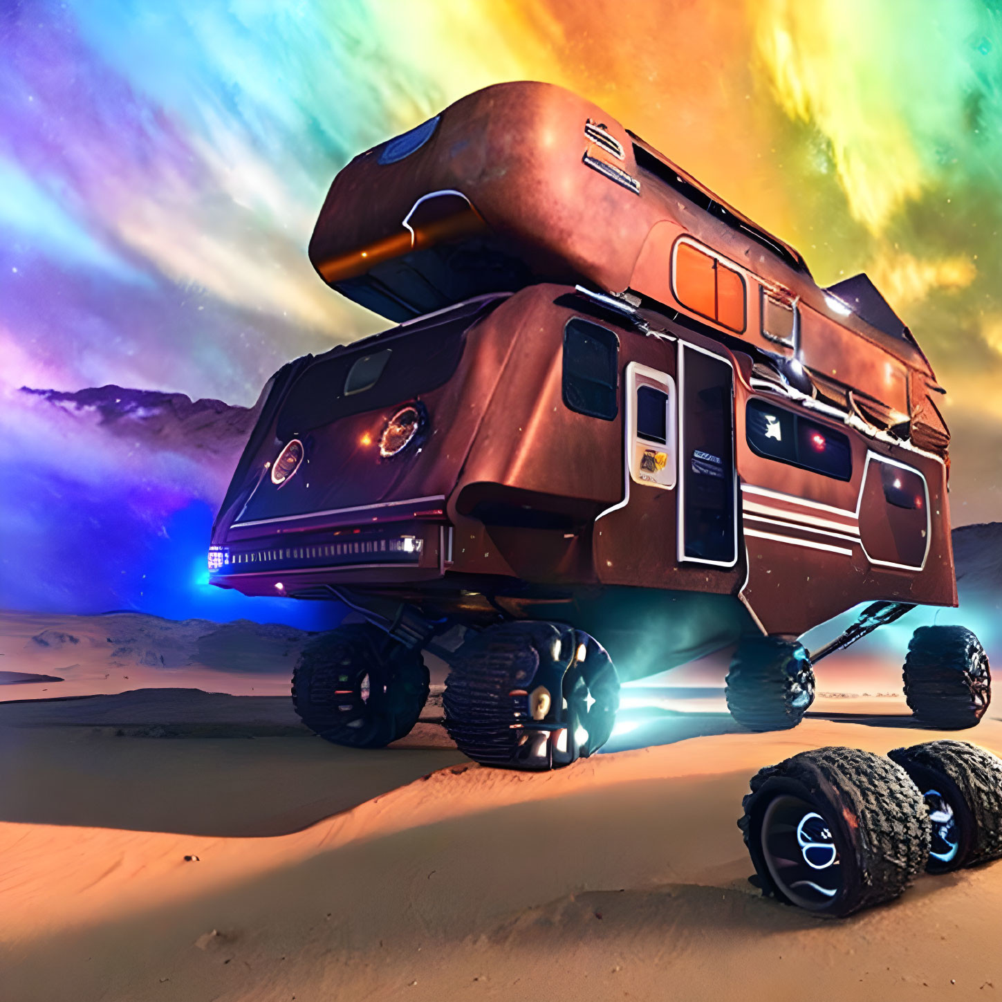 Futuristic hovering vehicle on sandy terrain under colorful sky