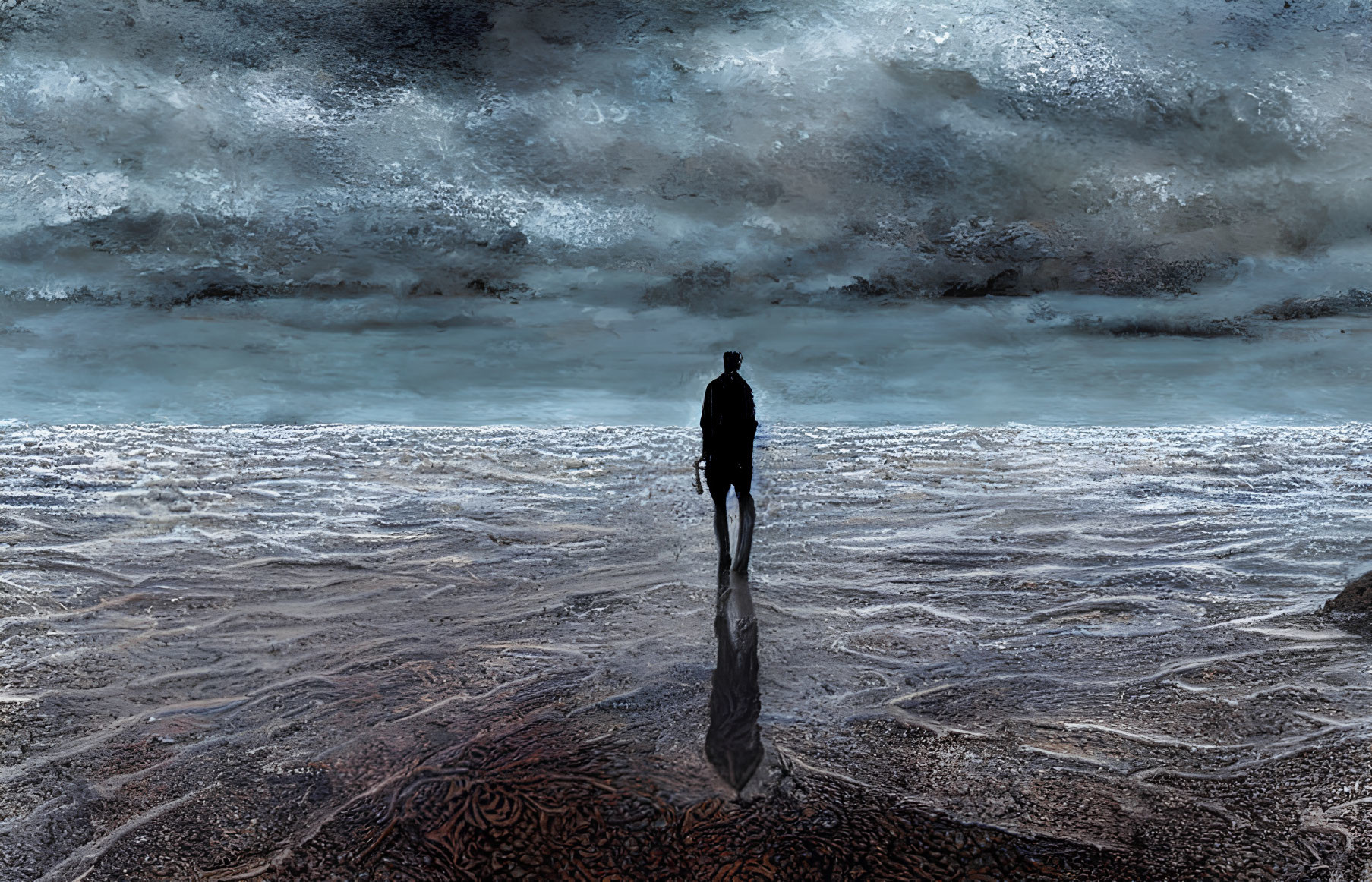 Solitary Figure on Reflective Surface Under Dramatic Sky