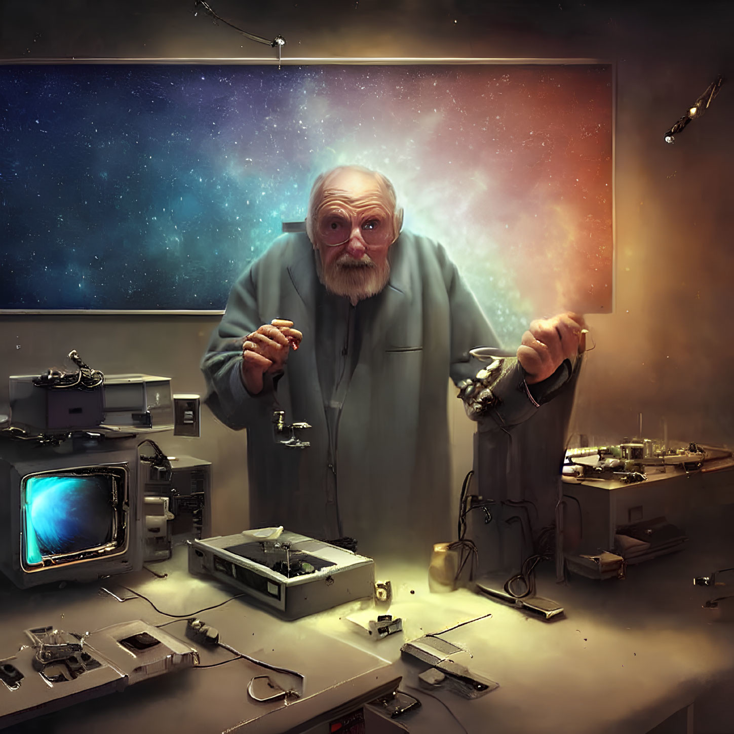 Elderly Man in Lab with Galaxy View Pointing Upwards