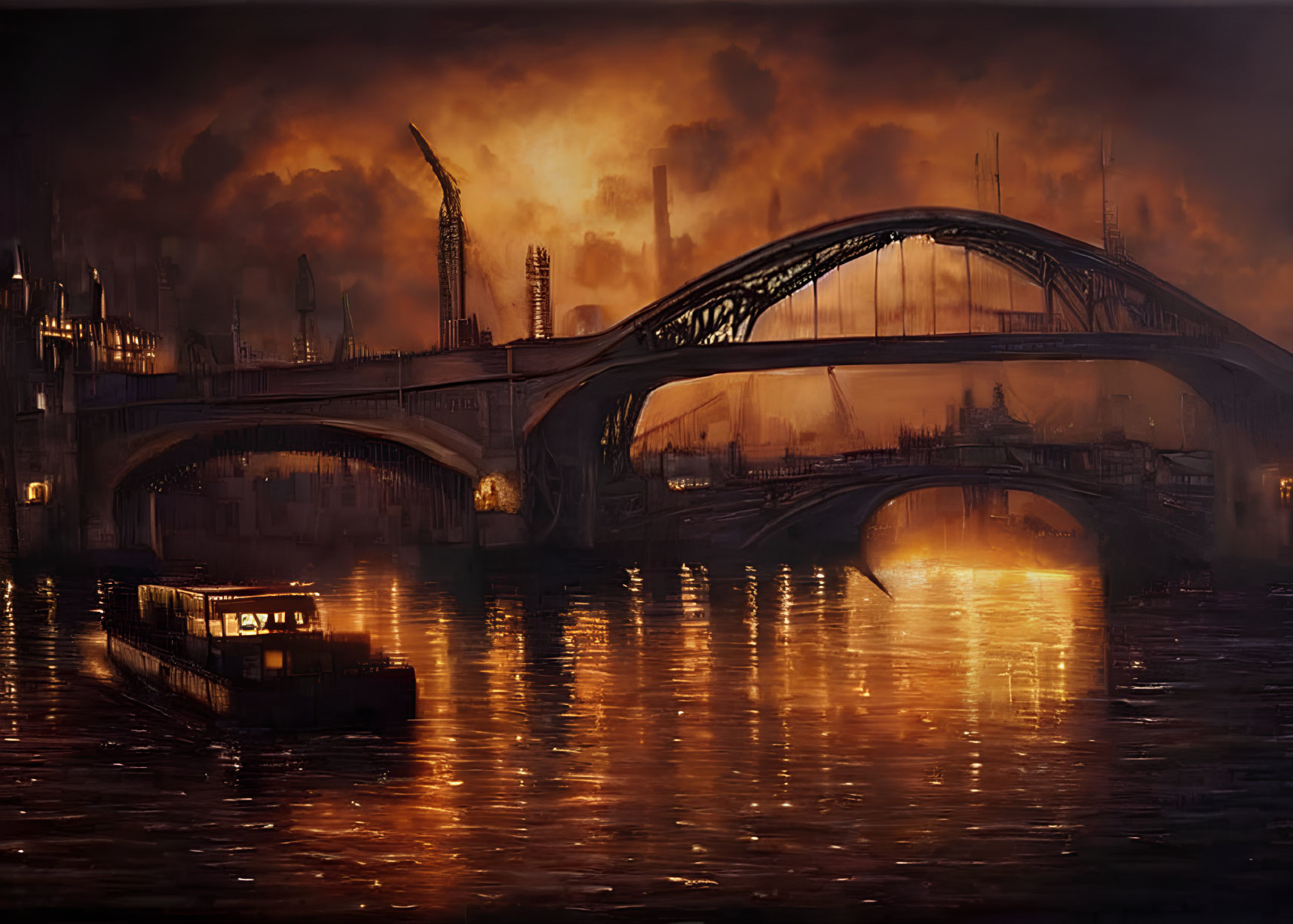 Nocturnal riverscape with lit boat under arched bridge