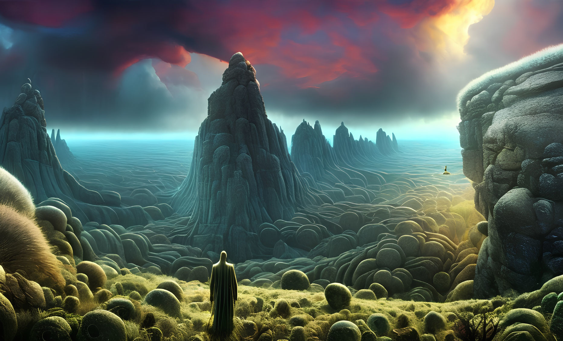 Surreal landscape with towering rocks, mossy ground, vibrant sky