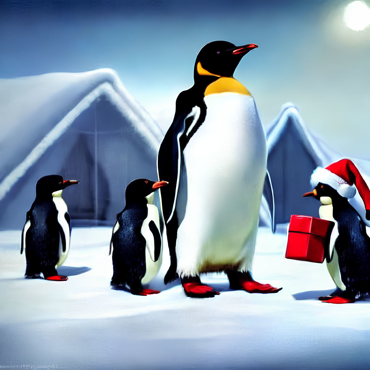 Cartoon penguins in snowy landscape with Santa hat and gift in holiday theme