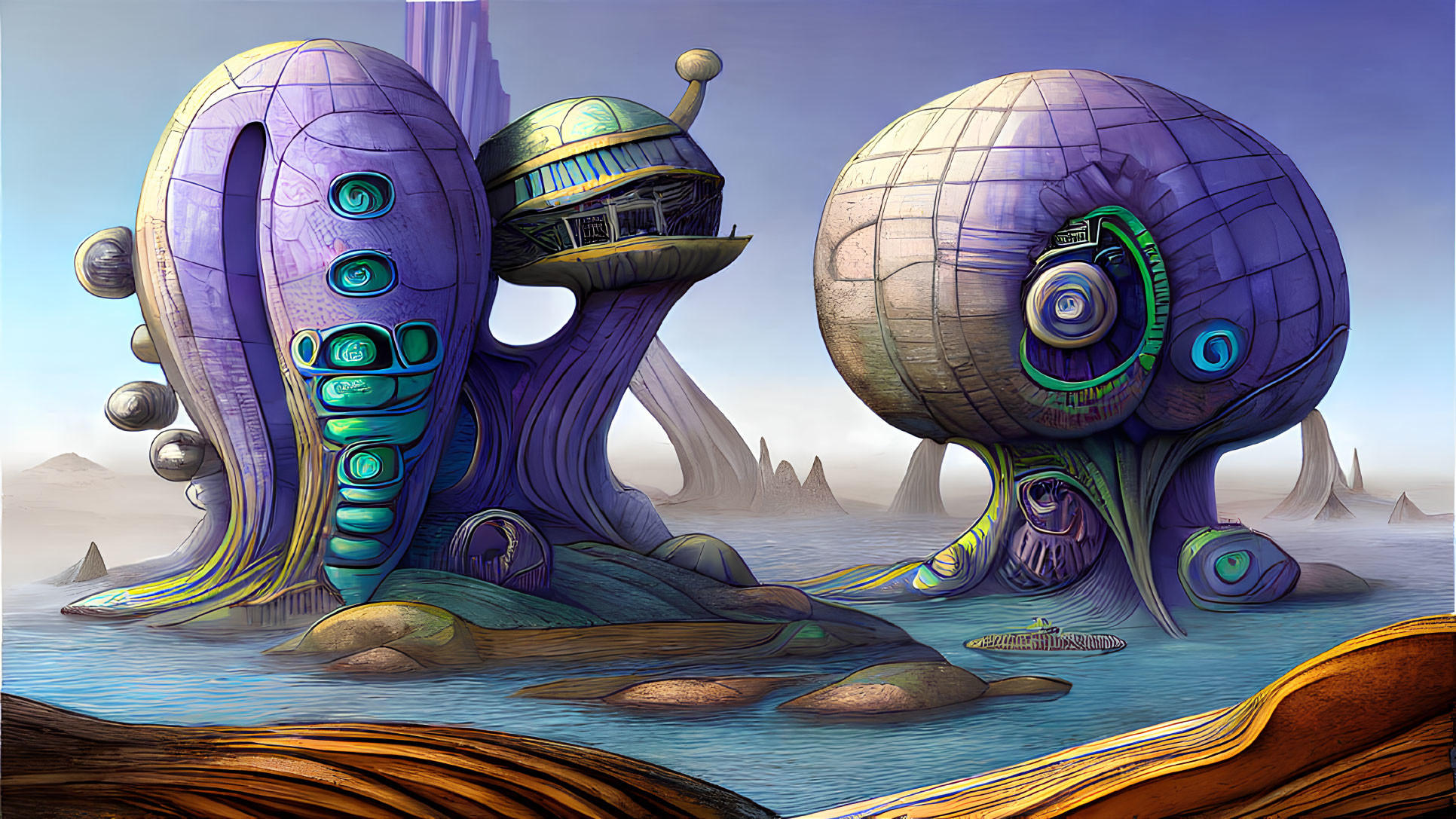 Alien towers with spherical shapes in desert landscape