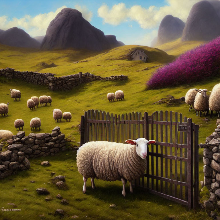 Tranquil landscape with grazing sheep, stone walls, house, and blossoms