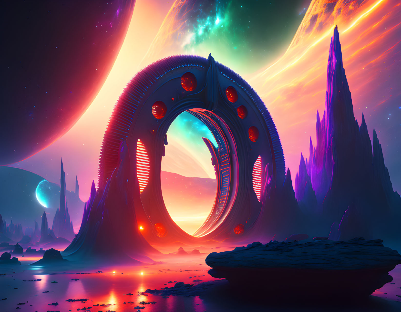 Futuristic sci-fi landscape with circular portal and glowing purple spires