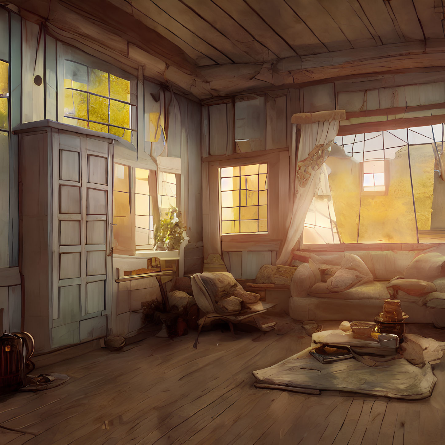 Warm Wooden Cottage Interior with Plush Sofa & Autumn View