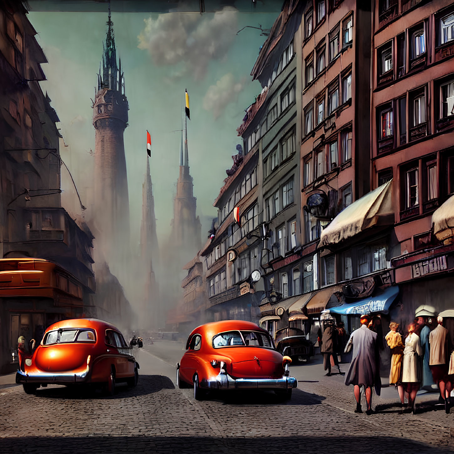 Vintage City Scene with Classic Cars, Historical Buildings, and Misty Towers