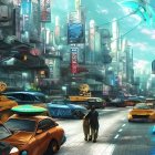 Vibrant futuristic cityscape with skyscrapers, neon signs, traffic, and lone figure