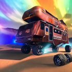 Futuristic hovering vehicle on sandy terrain under colorful sky