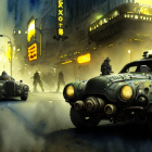 Misty neon-lit street with vintage vehicles and pedestrians