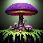 Colorful digital artwork featuring purple mushrooms of varying sizes with a large cap mushroom on top and smaller ones