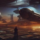 Sci-fi landscape with figure on platform and spaceships