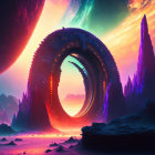 Futuristic sci-fi landscape with circular portal and glowing purple spires