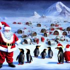 Santa Claus and penguins in snowy night scene.