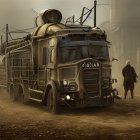 Rugged armored truck and people in desolate, foggy street