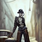 Steampunk woman in top hat and goggles next to vintage car in foggy alley