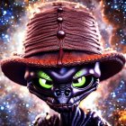 Textured hat 3D character with green eyes on cosmic backdrop