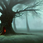 Enigmatic large glowing hollow tree in foggy forest