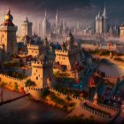 Medieval fantasy landscape at dusk with castles, spires, river, bridges, and mist