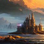 Majestic fantasy castle on rocky coast at sunset