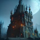 Gothic-style haunted house with luminous windows under full moon