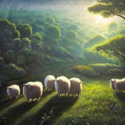 Tranquil landscape: Sheep grazing on lush green grass at sunrise