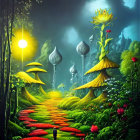 Fantastical Moonlit Path with Oversized Mushrooms and Luminescent Plants