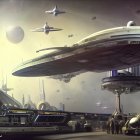 Sleek spaceships and towering structures in a futuristic spaceport