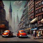 Vintage City Scene with Classic Cars, Historical Buildings, and Misty Towers