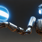 Futuristic robot holding glowing blue orb on dark background